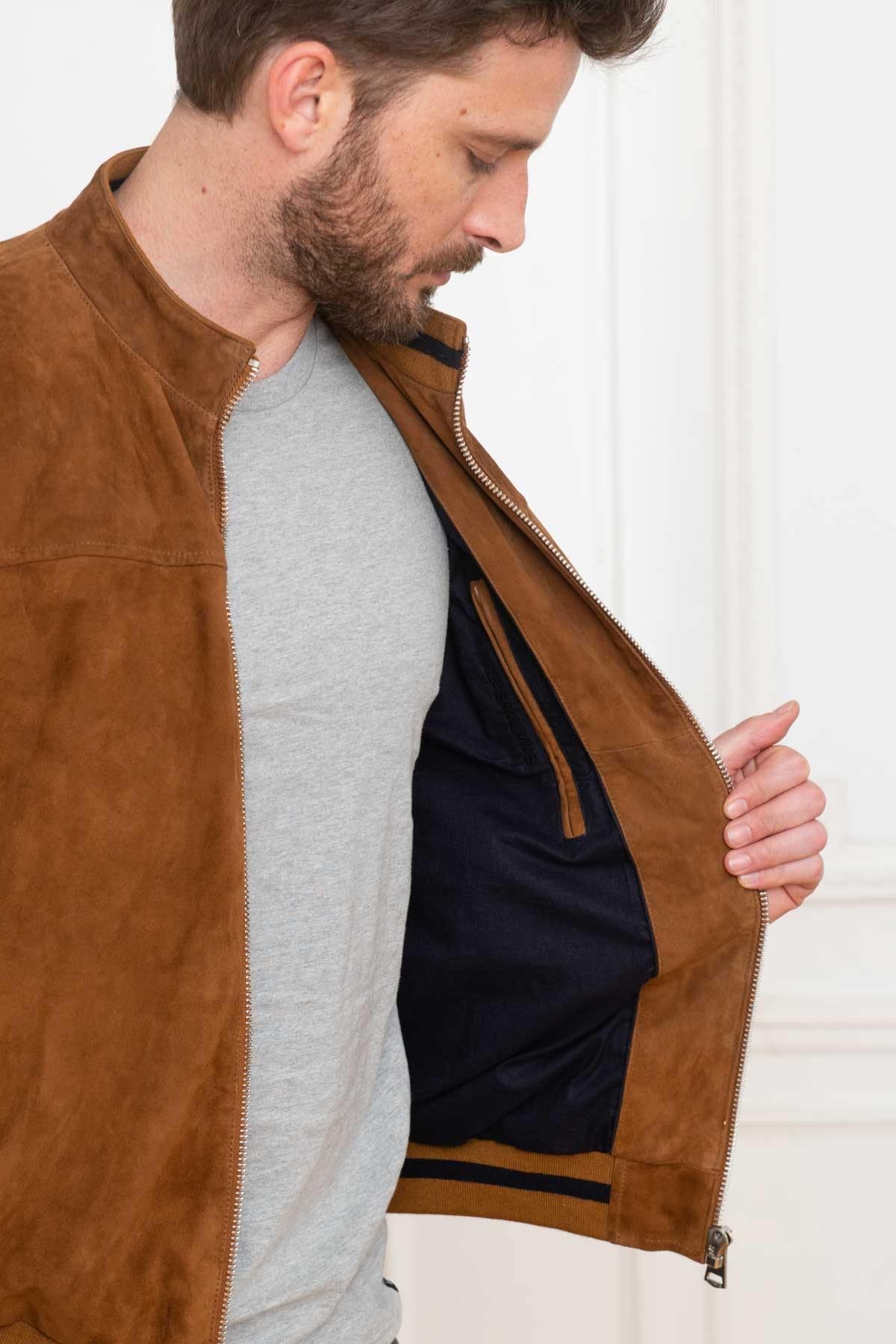 Velvety cognac goatskin bomber, slim fit with ribbed trims. - Image n°3