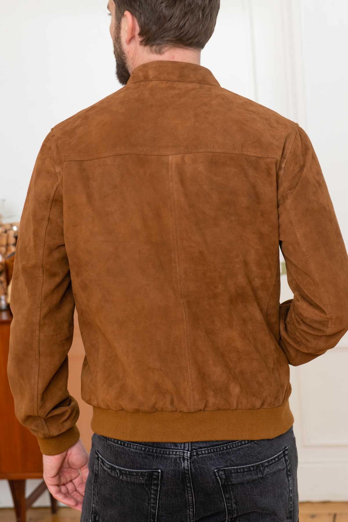 Velvety cognac goatskin bomber, slim fit with ribbed trims. - Image n°5
