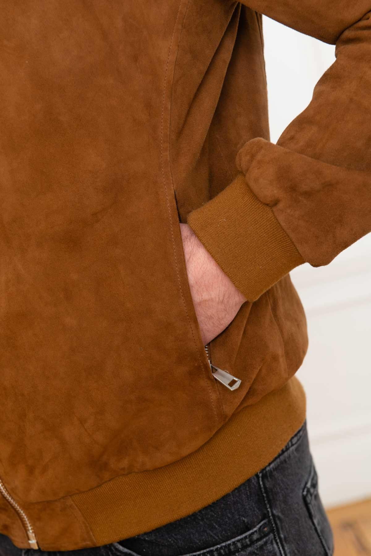 Velvety cognac goatskin bomber, slim fit with ribbed trims. - Image n°7