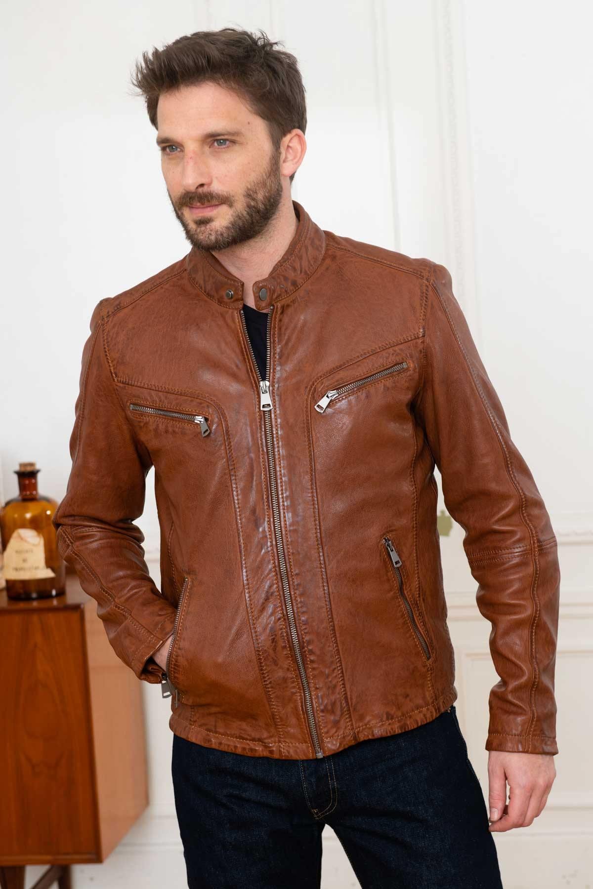 Cognac sheep leather jacket with moto collar and regular fit. - Image n°2