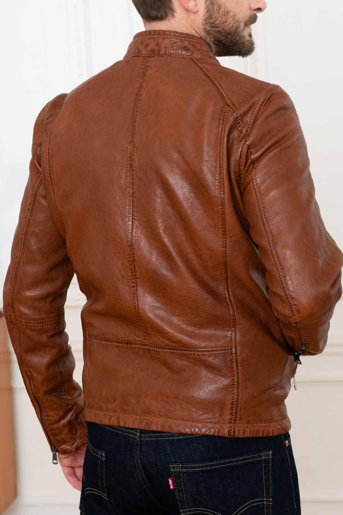 Cognac Leather Jacket with Biker Collar - Image n°6
