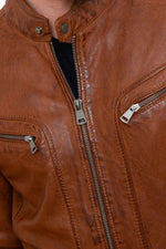 Cognac sheep leather jacket with moto collar and regular fit. - Image n°7