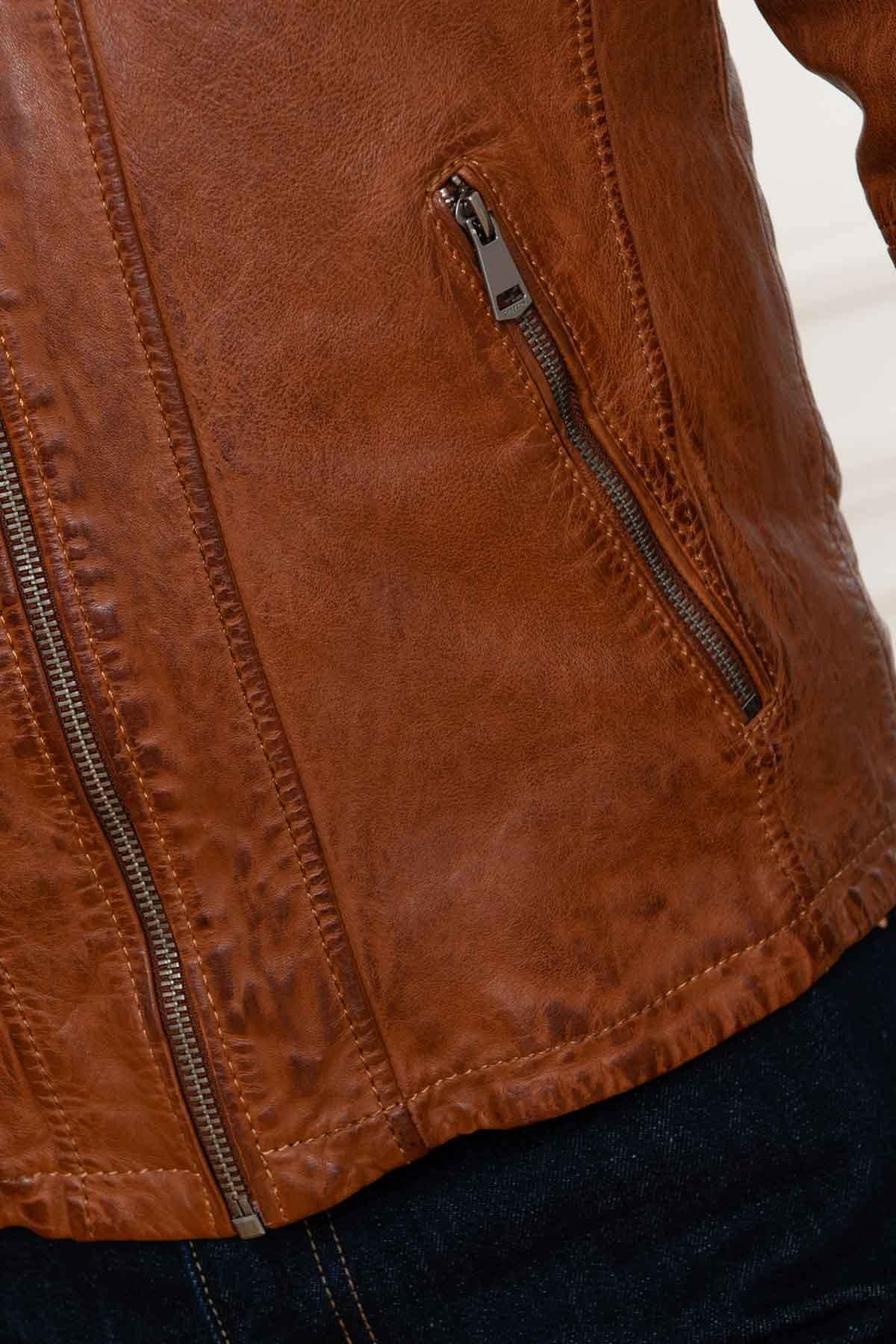 Cognac sheep leather jacket with moto collar and regular fit. - Image n°8