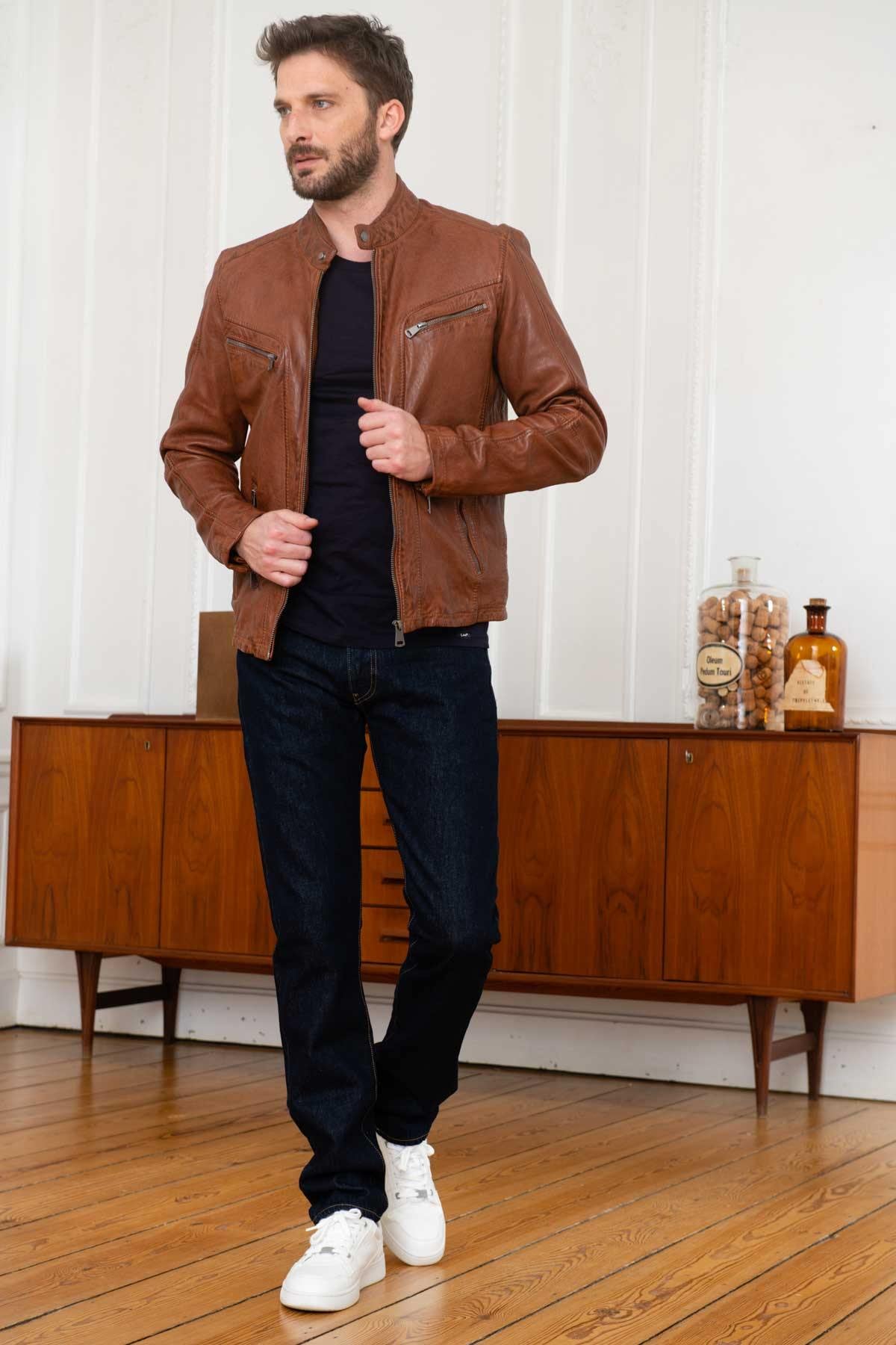 Cognac sheep leather jacket with moto collar and regular fit. - Image n°3
