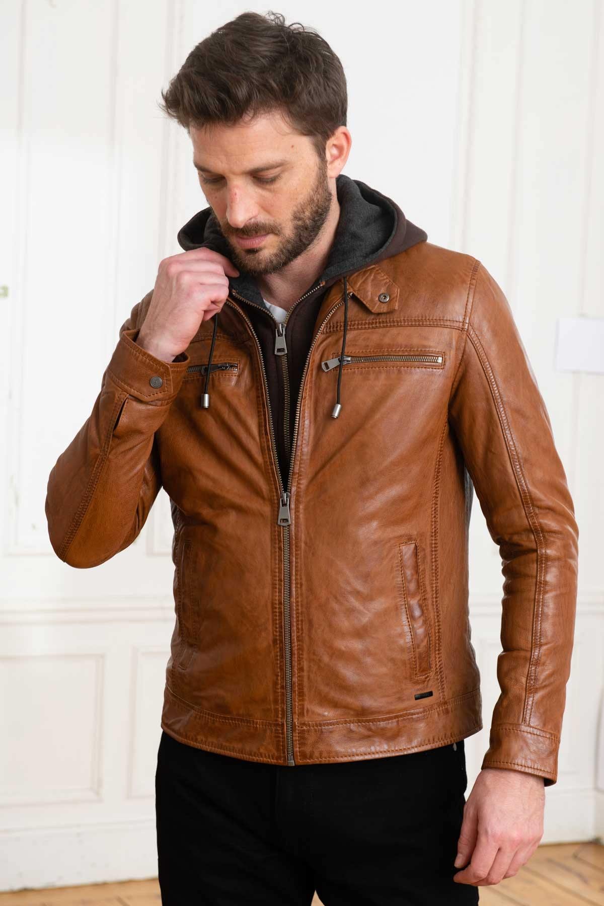 Camel sheepskin jacket with detachable hood and aged finish. - Image n°5