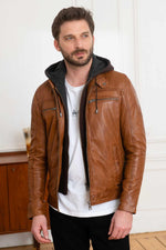Camel sheepskin jacket with detachable hood and aged finish. - Image n°2