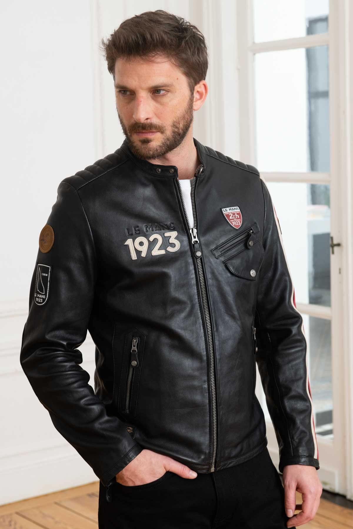 Sheep leather jacket in glossy black, biker collar, motorsport legacy. - Image n°4