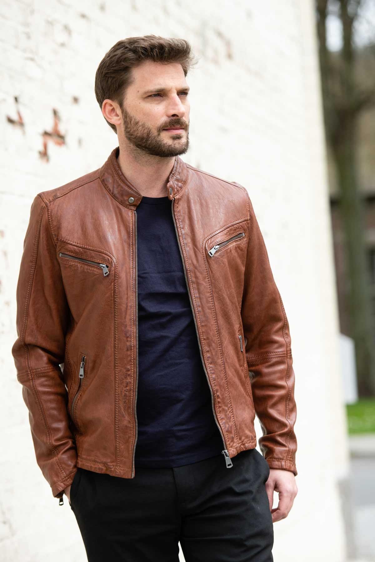 Cognac Leather Jacket with Biker Collar - Image n°1