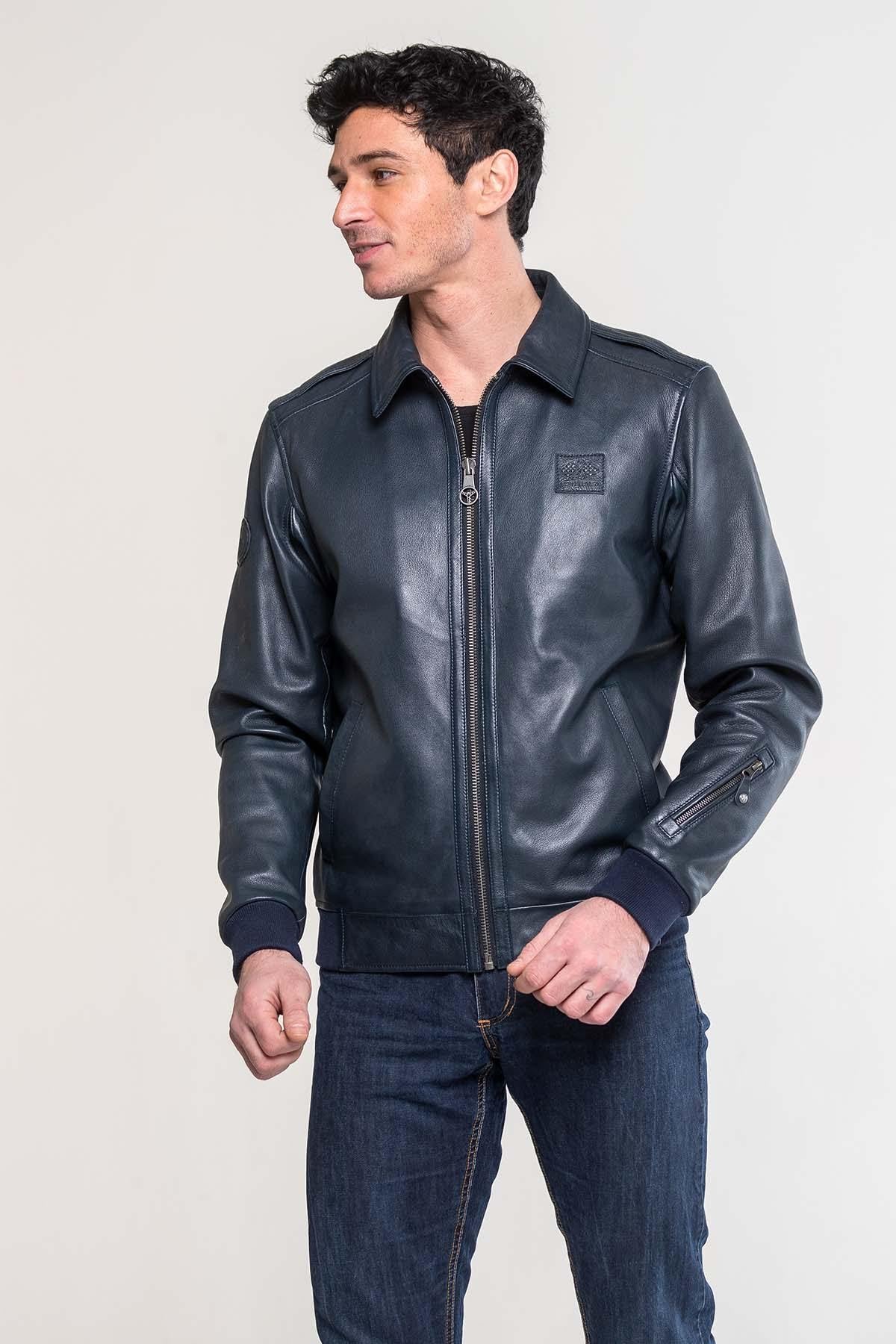 Navy sheep leather jacket, tribute to Jacky Ickx's racing legacy. - Image n°3