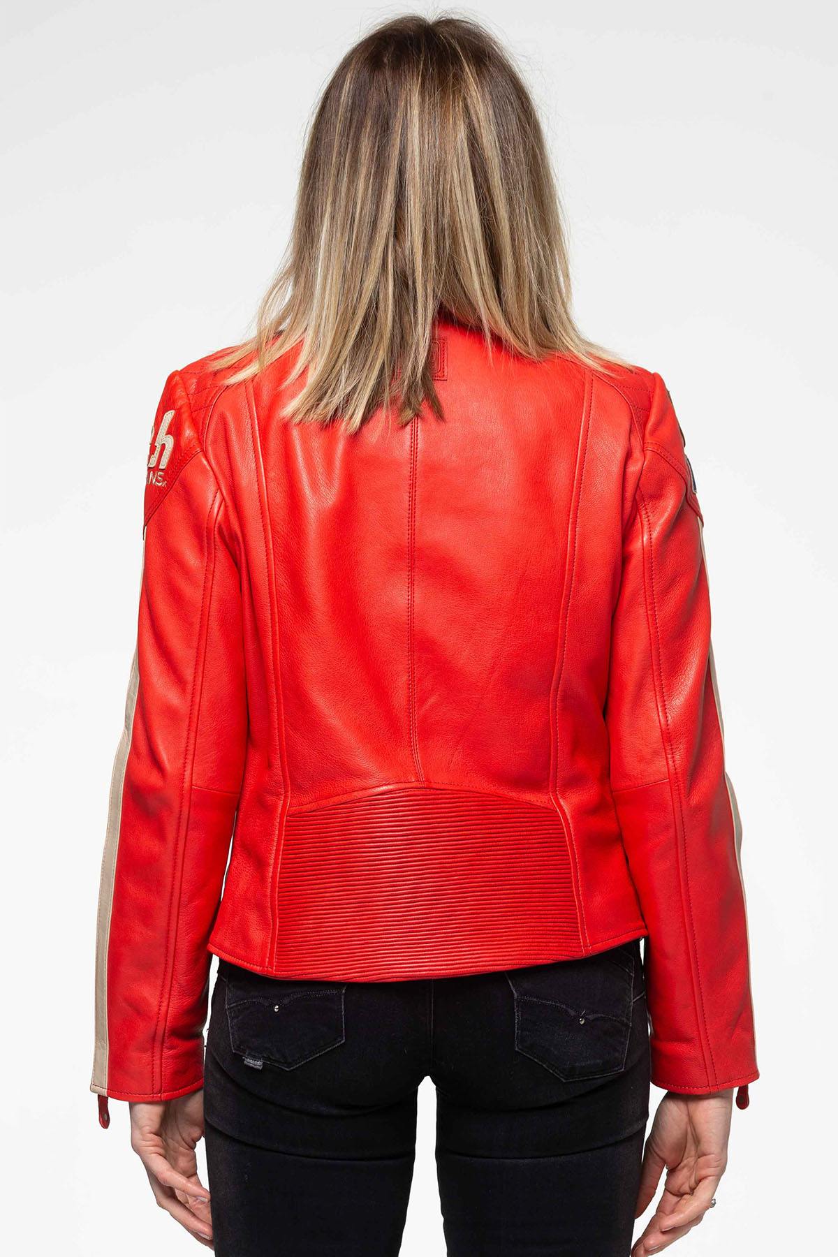 Vivid red sheep leather jacket with biker collar and regular fit. - Image n°3