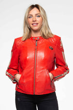 Vivid red sheep leather jacket with biker collar and regular fit. - Image n°1