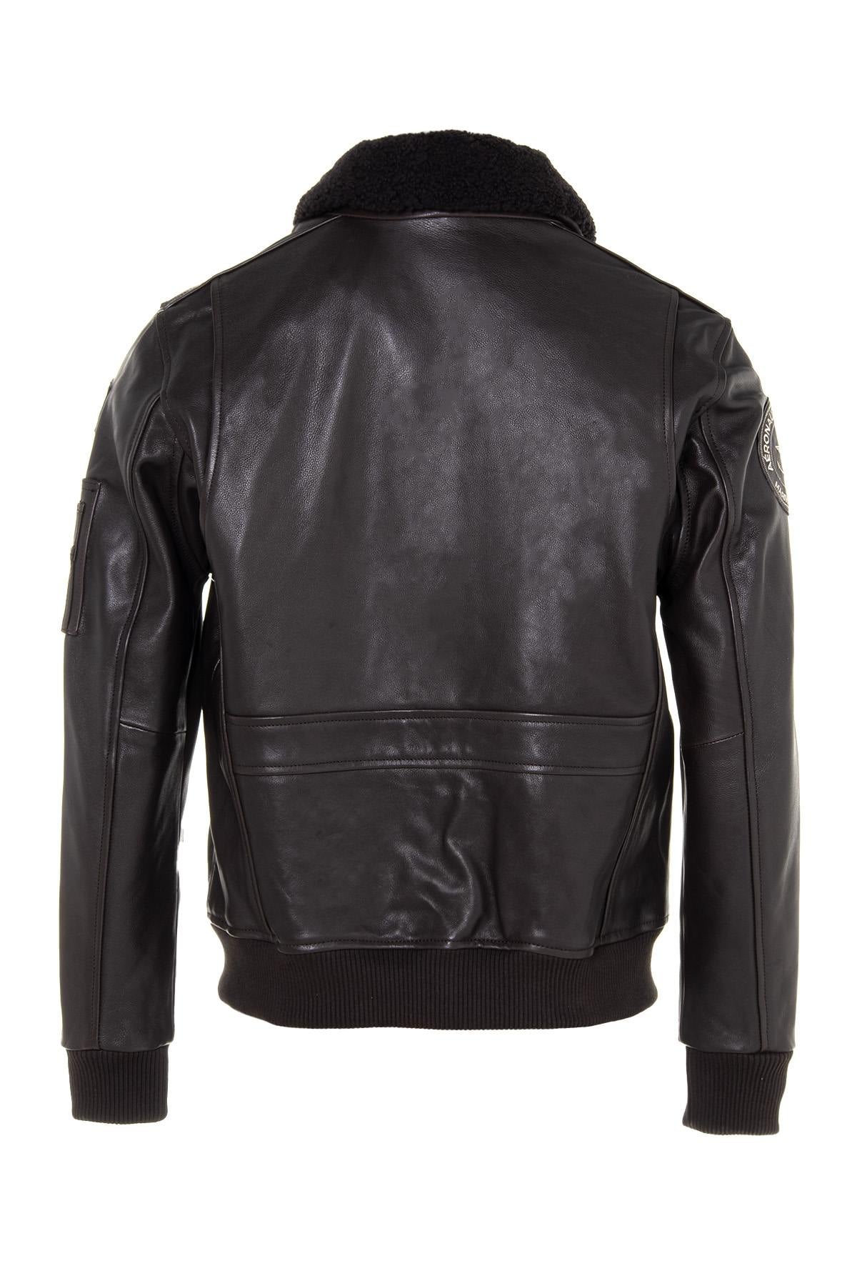 Brown cowhide aviator jacket with detachable shearling collar. - Image n°6