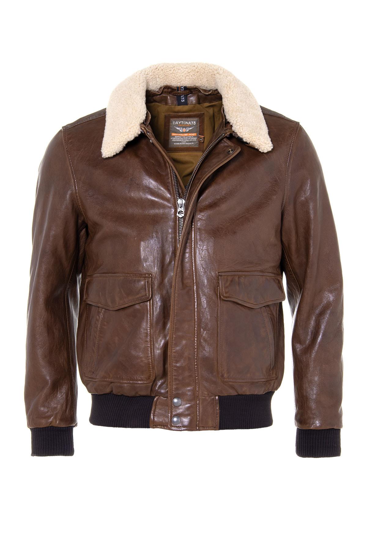 Petrol bison sheepskin aviator jacket with removable shearling collar. - Image n°2