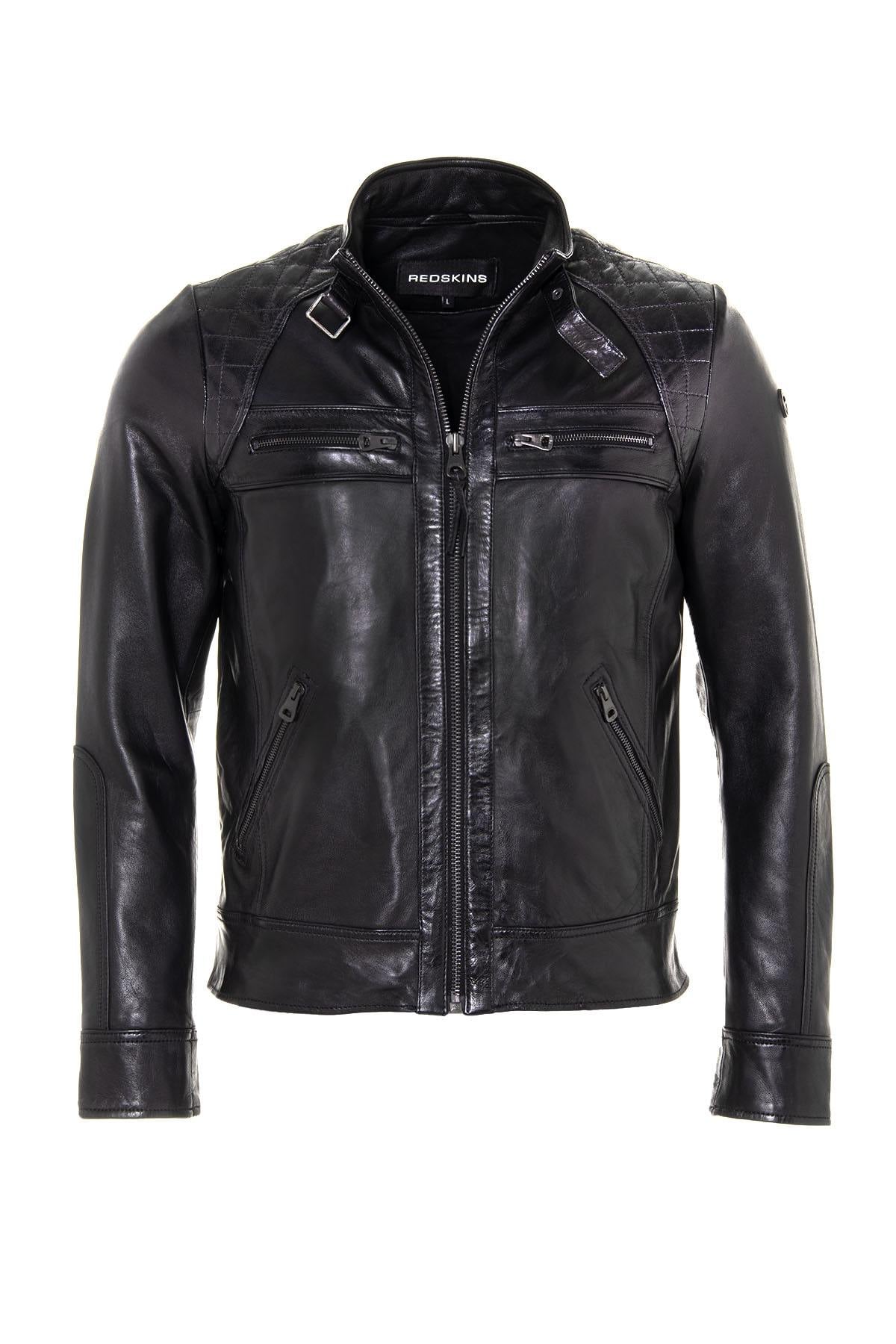 Black lambskin biker jacket, slim fit, matelassé shoulders. - Image n°2