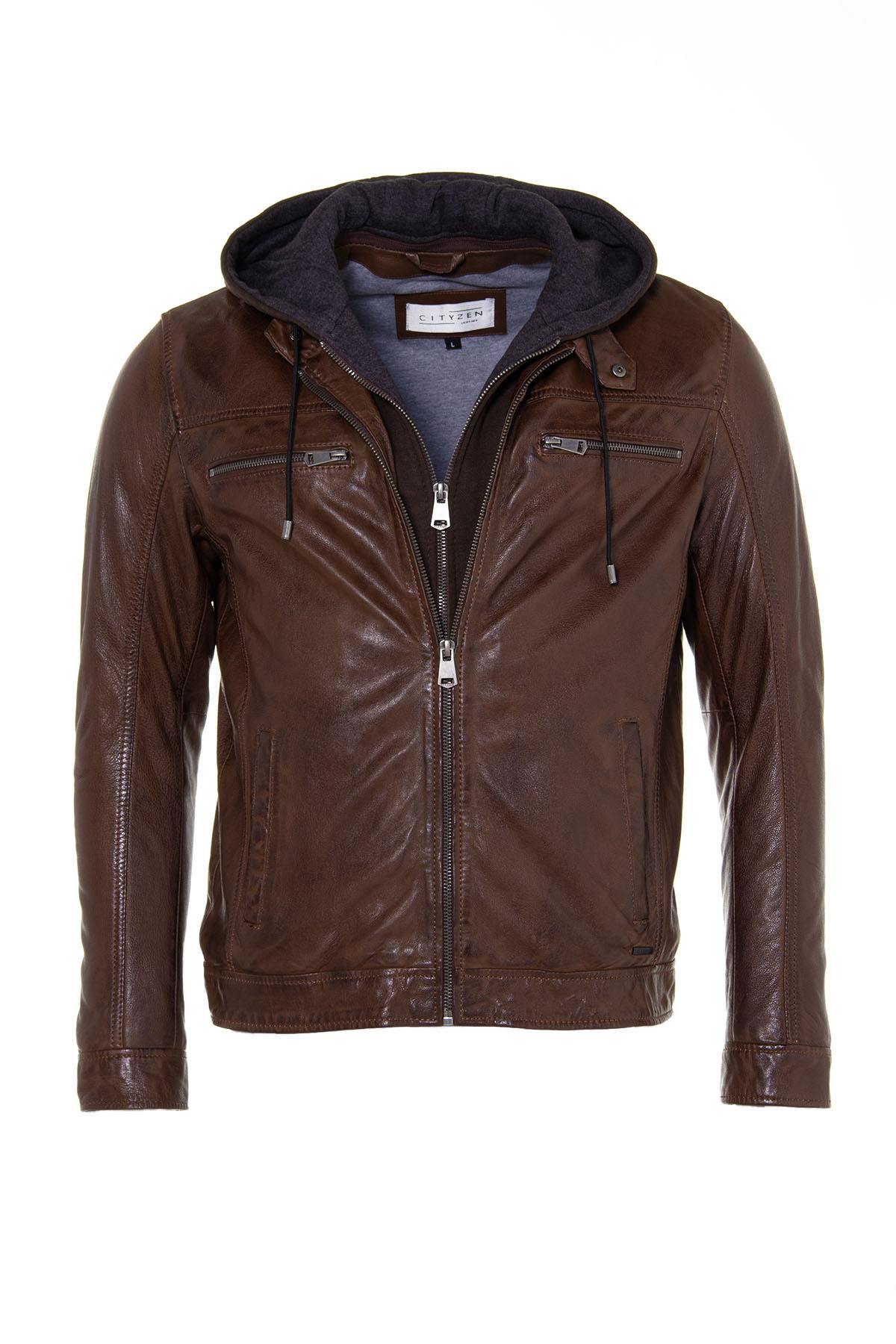Moto-style sheep leather jacket with washed finish and removable hood. - Image n°5