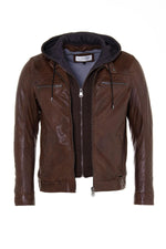 Moto-style sheep leather jacket with washed finish and removable hood. - Image n°3