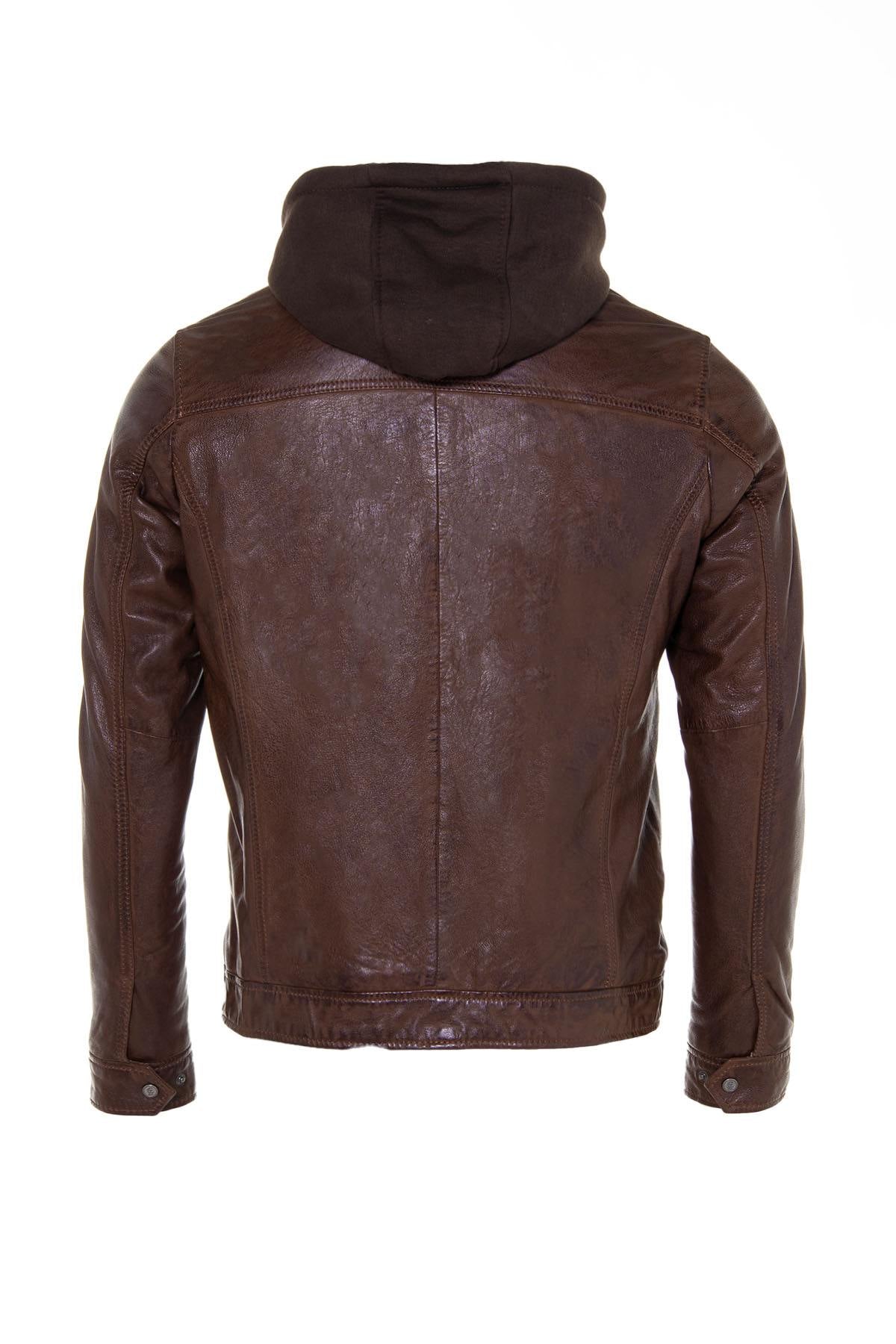 Moto-style sheep leather jacket with washed finish and removable hood. - Image n°11