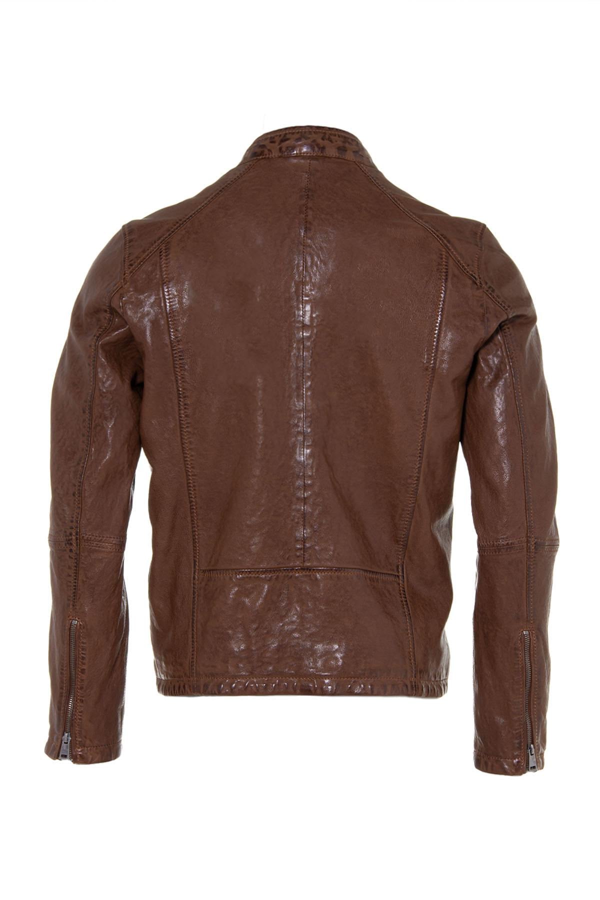 Brown Leather Jacket with Biker Collar - Image n°7