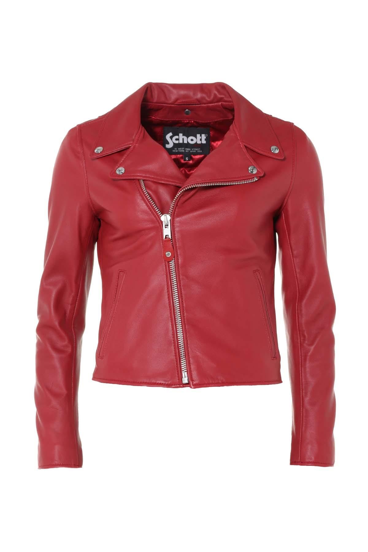 Vibrant red lambskin Perfecto by Schott, slim-fit for seasonal edge. - Image n°3