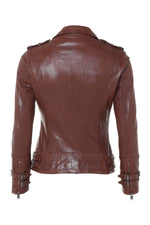 Mid-brown sheepskin biker jacket with vintage patina and adjustable straps. - Image n°8