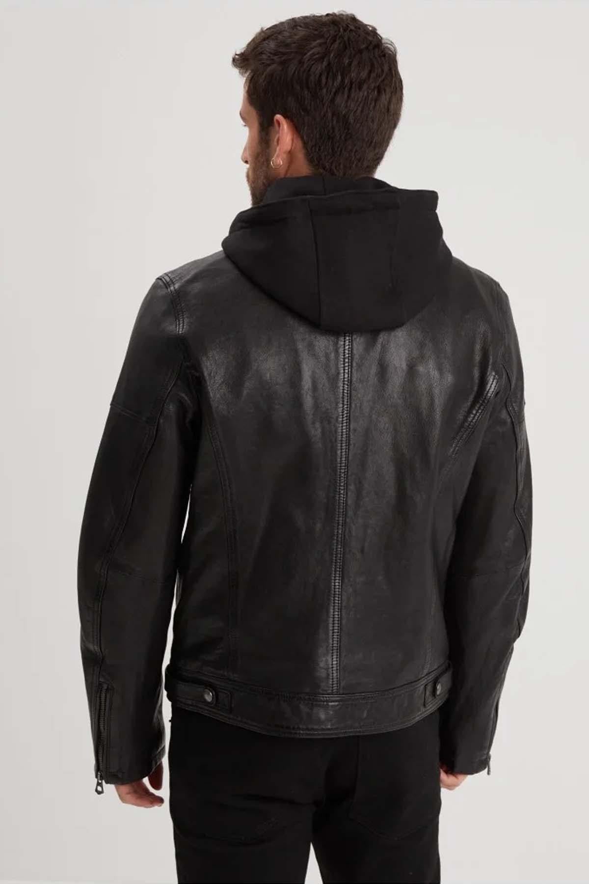 Slimfit lambskin jacket in glossy black. Moto collar, detachable hood. - Image n°5
