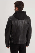 Slimfit lambskin jacket in glossy black. Moto collar, detachable hood. - Image n°5