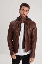 Slim dark cognac lambskin jacket with biker collar and removable hood. - Image n°5
