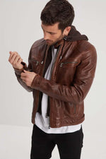 Slim dark cognac lambskin jacket with biker collar and removable hood. - Image n°3