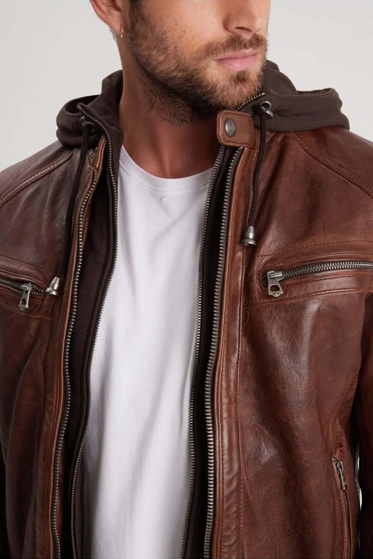 Slim dark cognac lambskin jacket with biker collar and removable hood. - Image n°7