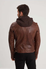 Slim dark cognac lambskin jacket with biker collar and removable hood. - Image n°8