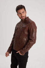 Slim dark cognac lambskin jacket with biker collar and removable hood. - Image n°4