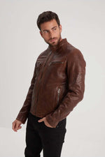 Slim dark cognac lambskin jacket with biker collar and removable hood. - Image n°4