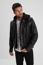 Slimfit lambskin jacket in glossy black. Moto collar, detachable hood. - Image n°3