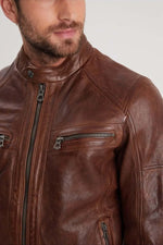 Slim dark cognac lambskin jacket with biker collar and removable hood. - Image n°9