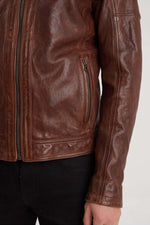 Slim dark cognac lambskin jacket with biker collar and removable hood. - Image n°10