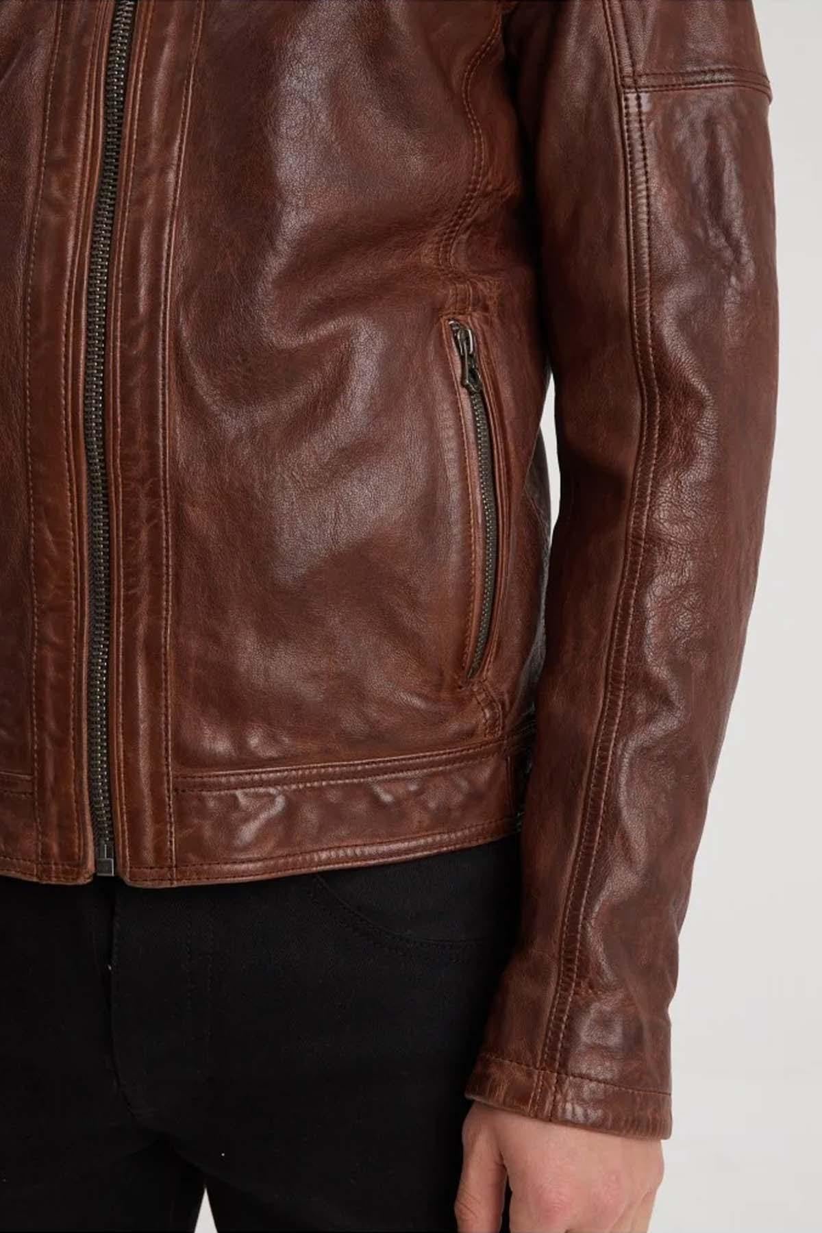 Slim dark cognac lambskin jacket with biker collar and removable hood. - Image n°10