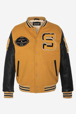 Schott's yellow cowhide varsity jacket with black leather sleeves. - Image n°7