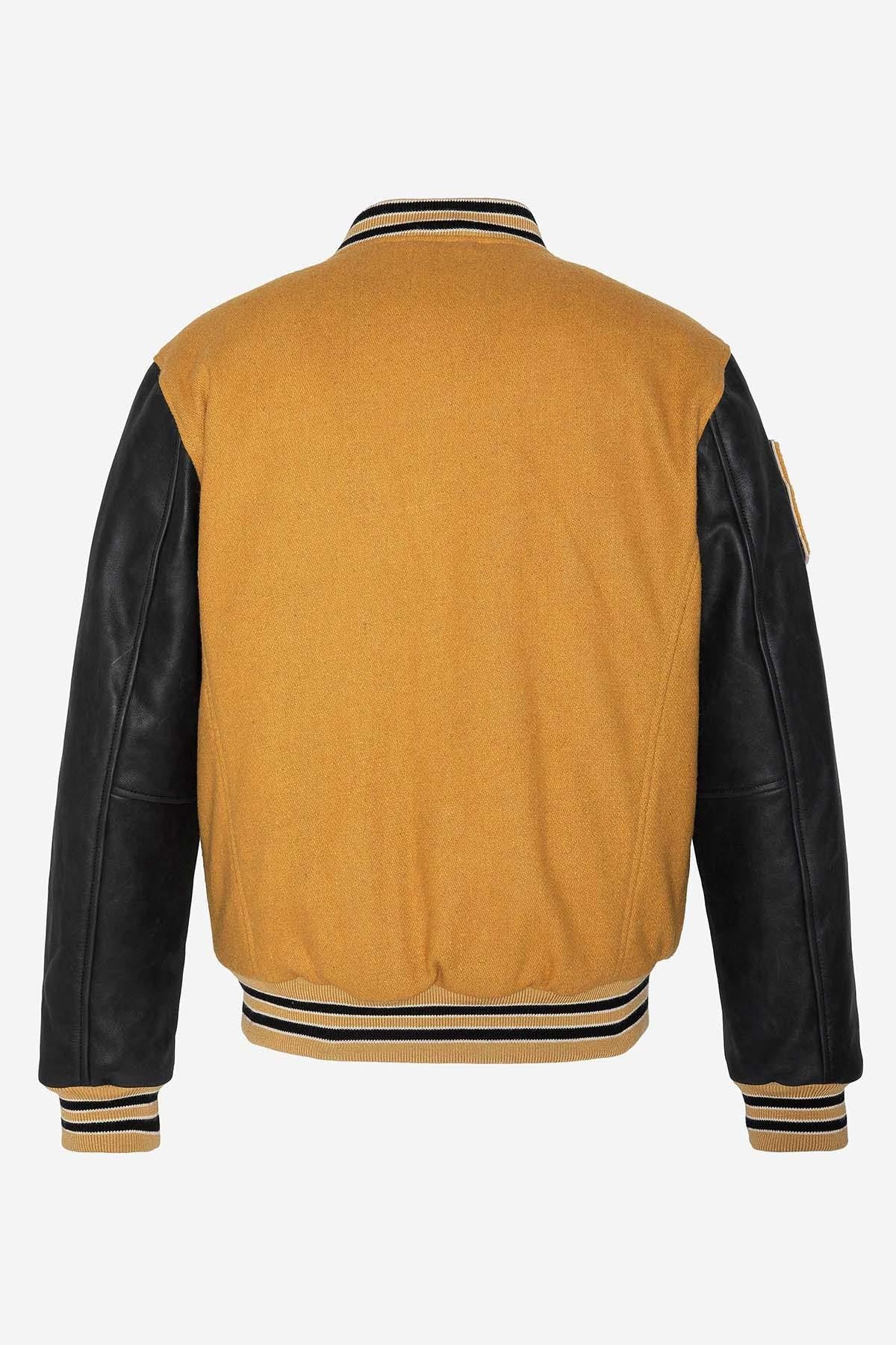 Schott's yellow cowhide varsity jacket with black leather sleeves. - Image n°9