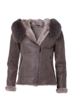 Semi-oiled Merino sheepskin jacket in grey, fox-fur hood and zips. - Image n°8