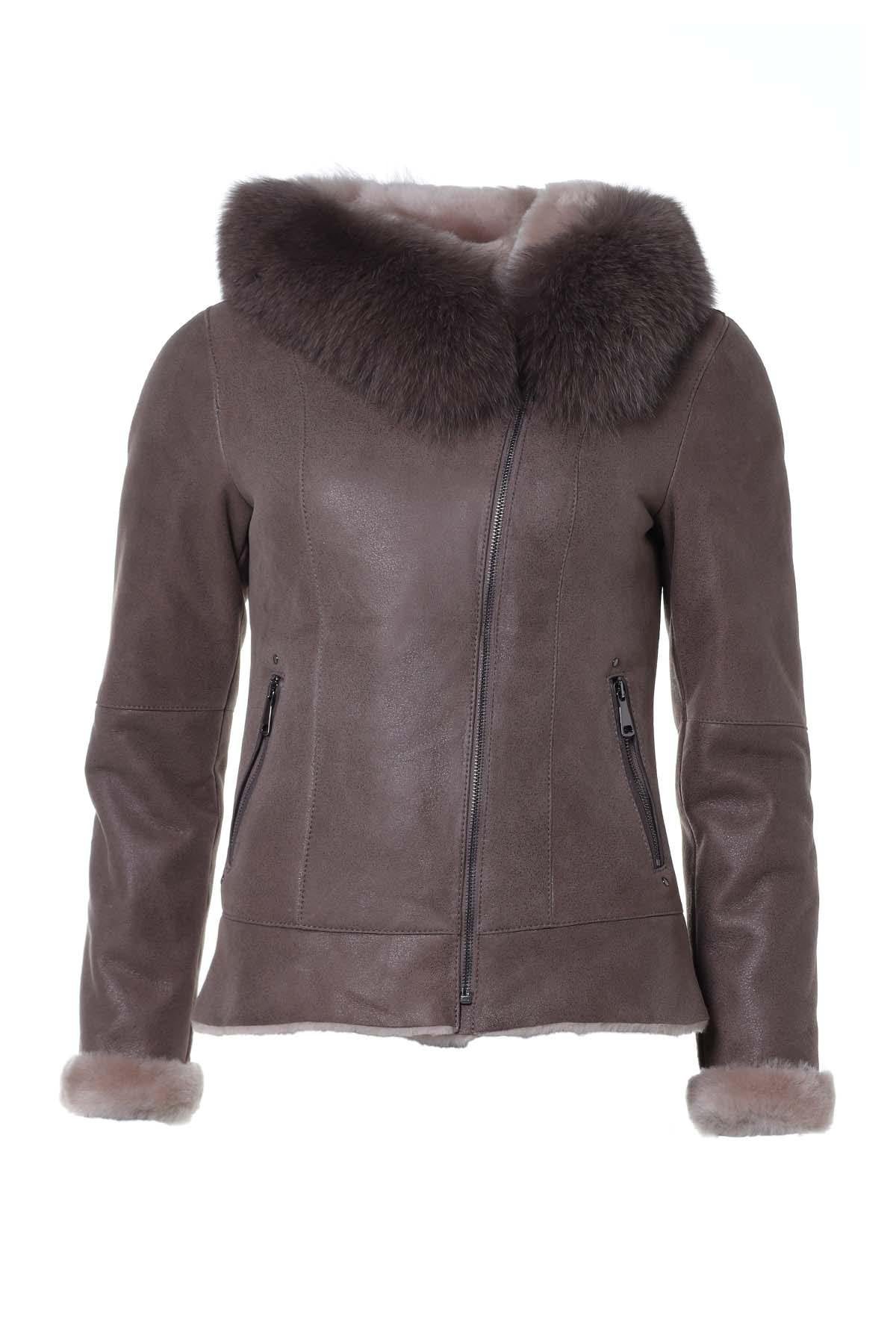 Semi-oiled Merino sheepskin jacket in grey, fox-fur hood and zips. - Image n°7