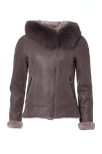 Semi-oiled Merino sheepskin jacket in grey, fox-fur hood and zips. - Image n°7