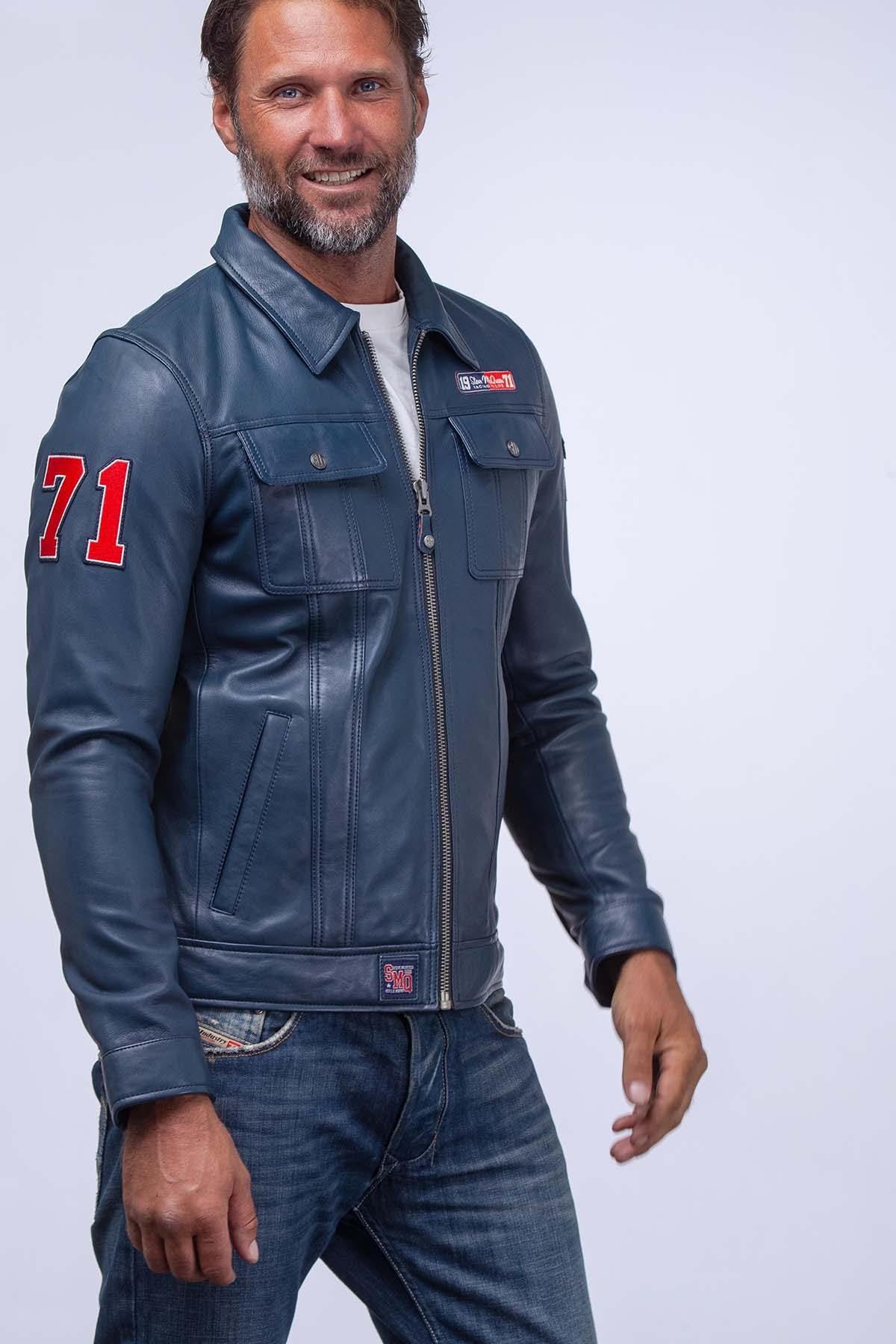McQueen vintage racing jacket in blue leather - Image n°3