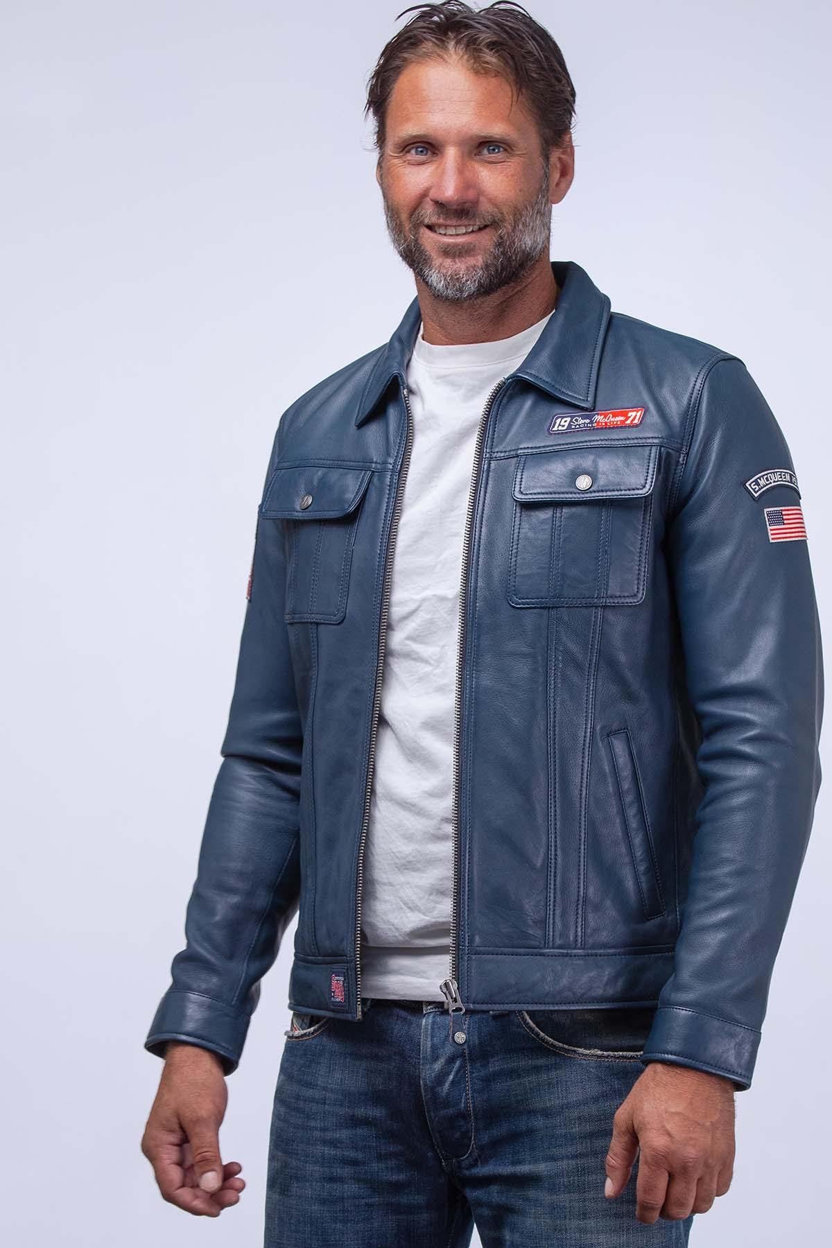 McQueen vintage racing jacket in blue leather - Image n°4