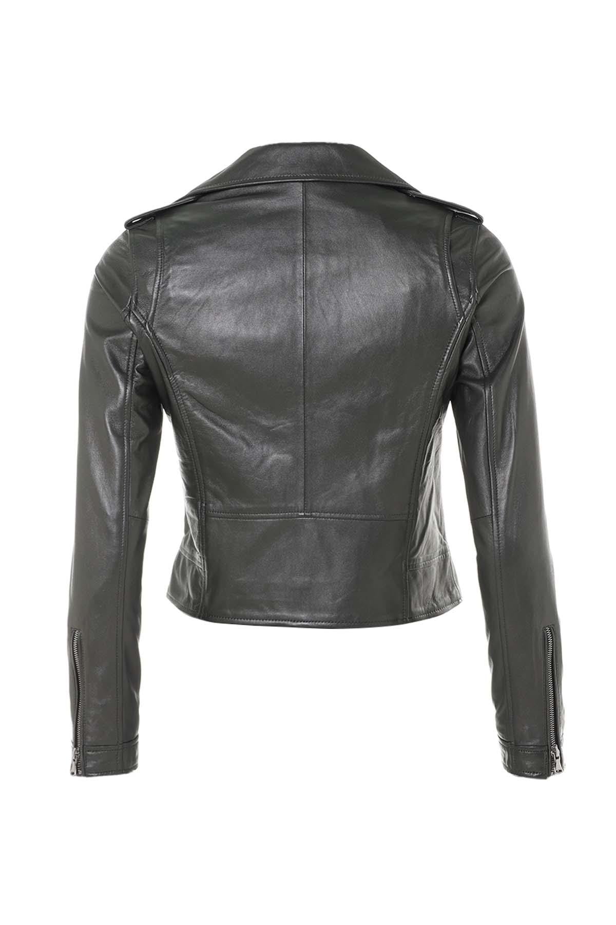 A metallic dark green sheepskin biker jacket, bold and seasonless. - Image n°14