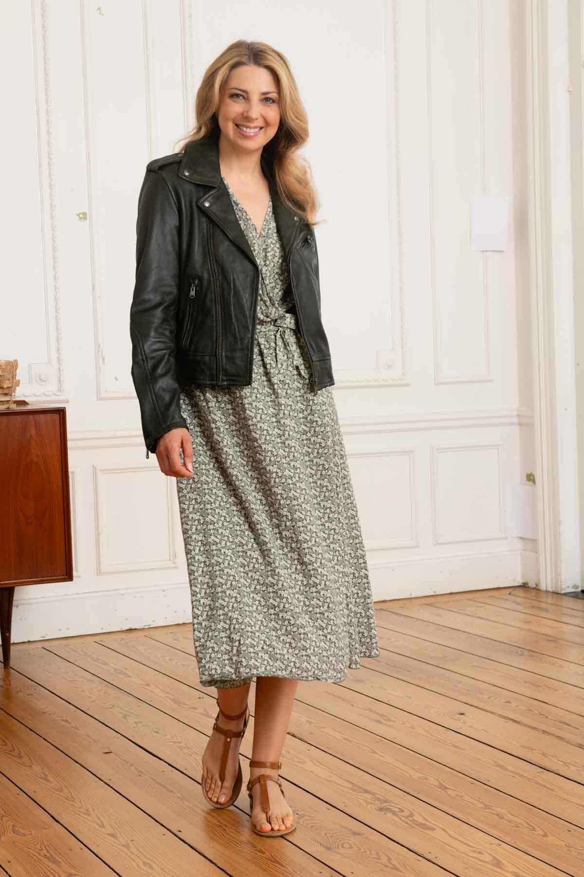 Dark green lambskin biker jacket, smooth and supple. Timeless. - Image n°3