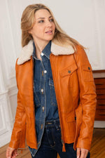 Women's orange aviator leather jacket - Image n°1