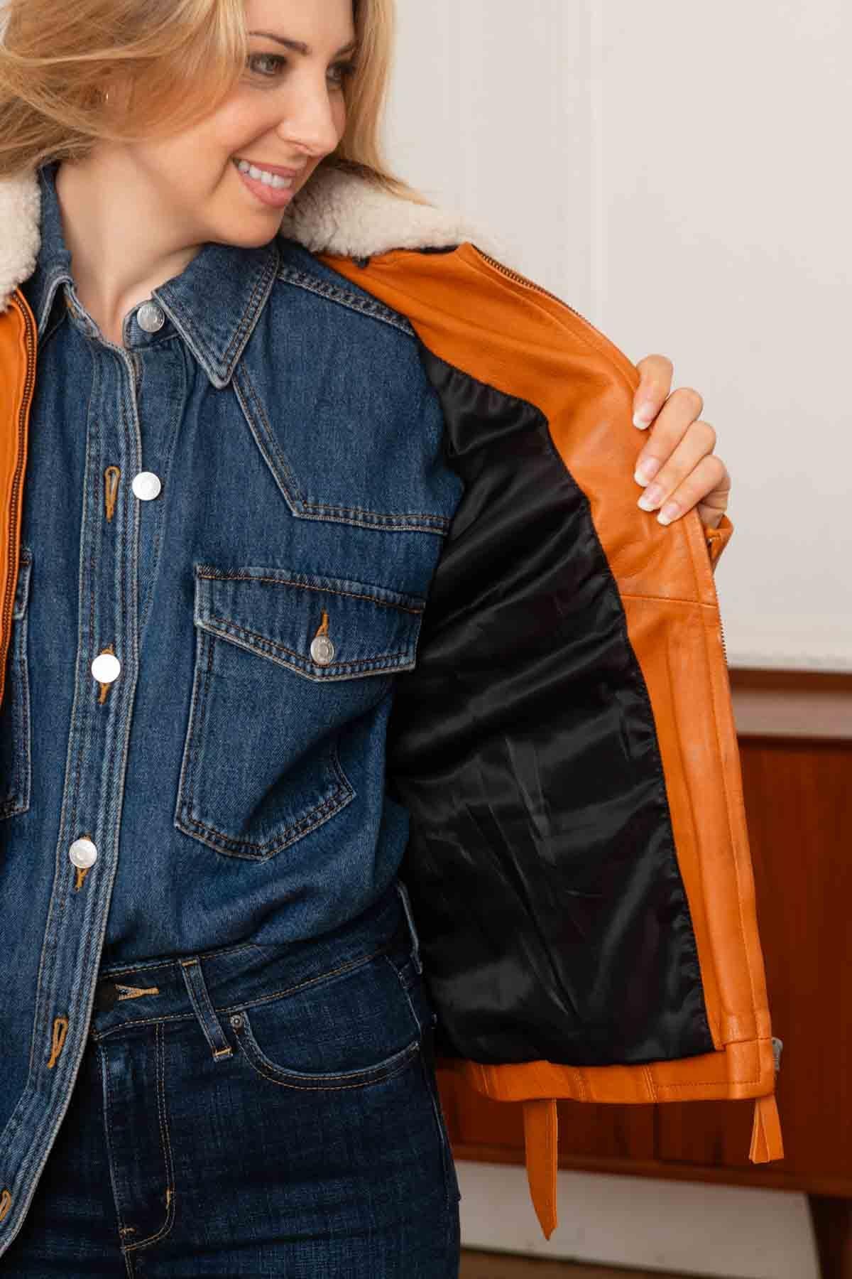 Women's orange aviator leather jacket - Image n°4