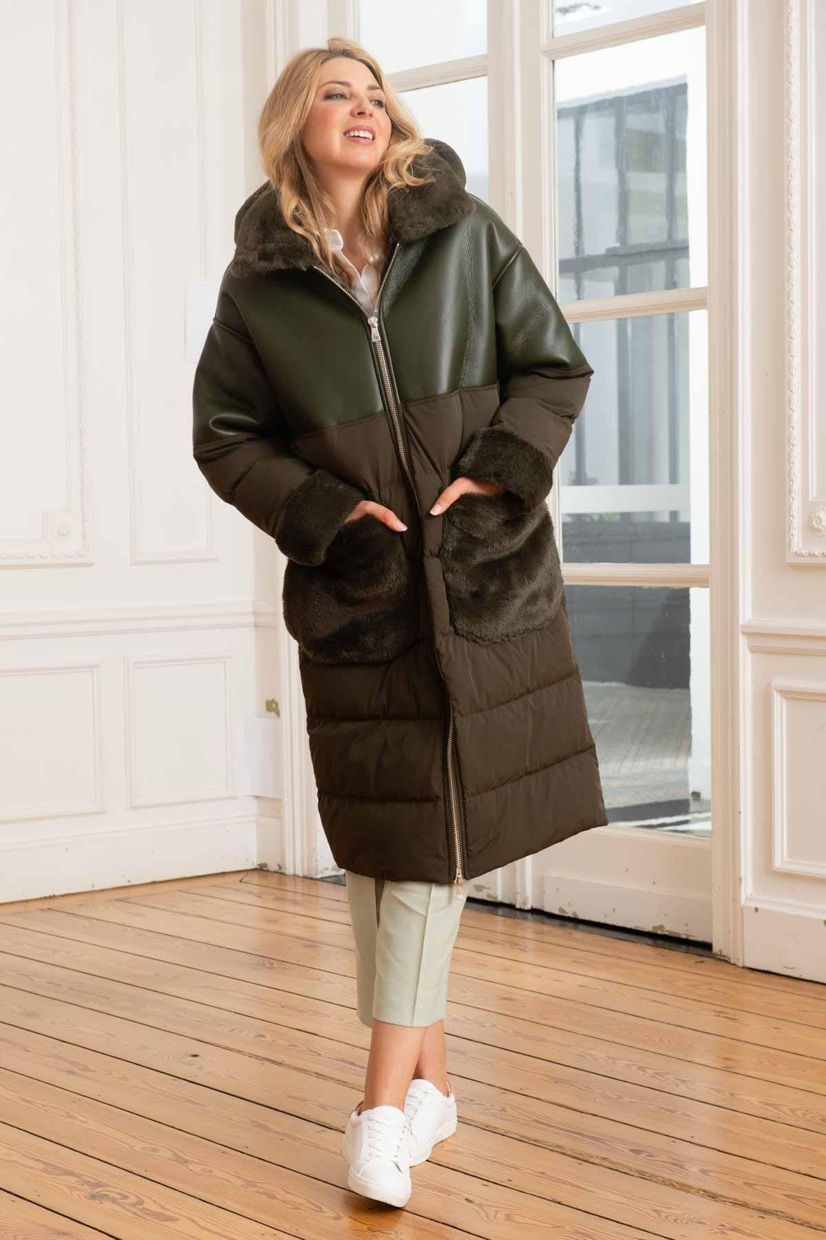 Oakwood's khaki quilted coat: dual-material fabric for autumn-winter. - Image n°1