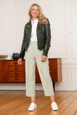 Rock-chic kaki lambskin biker jacket. Adjustable belt, floral lining. - Image n°3