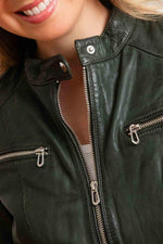 Glossy khaki lambskin jacket-soft, sleek, and biker-inspired. - Image n°2